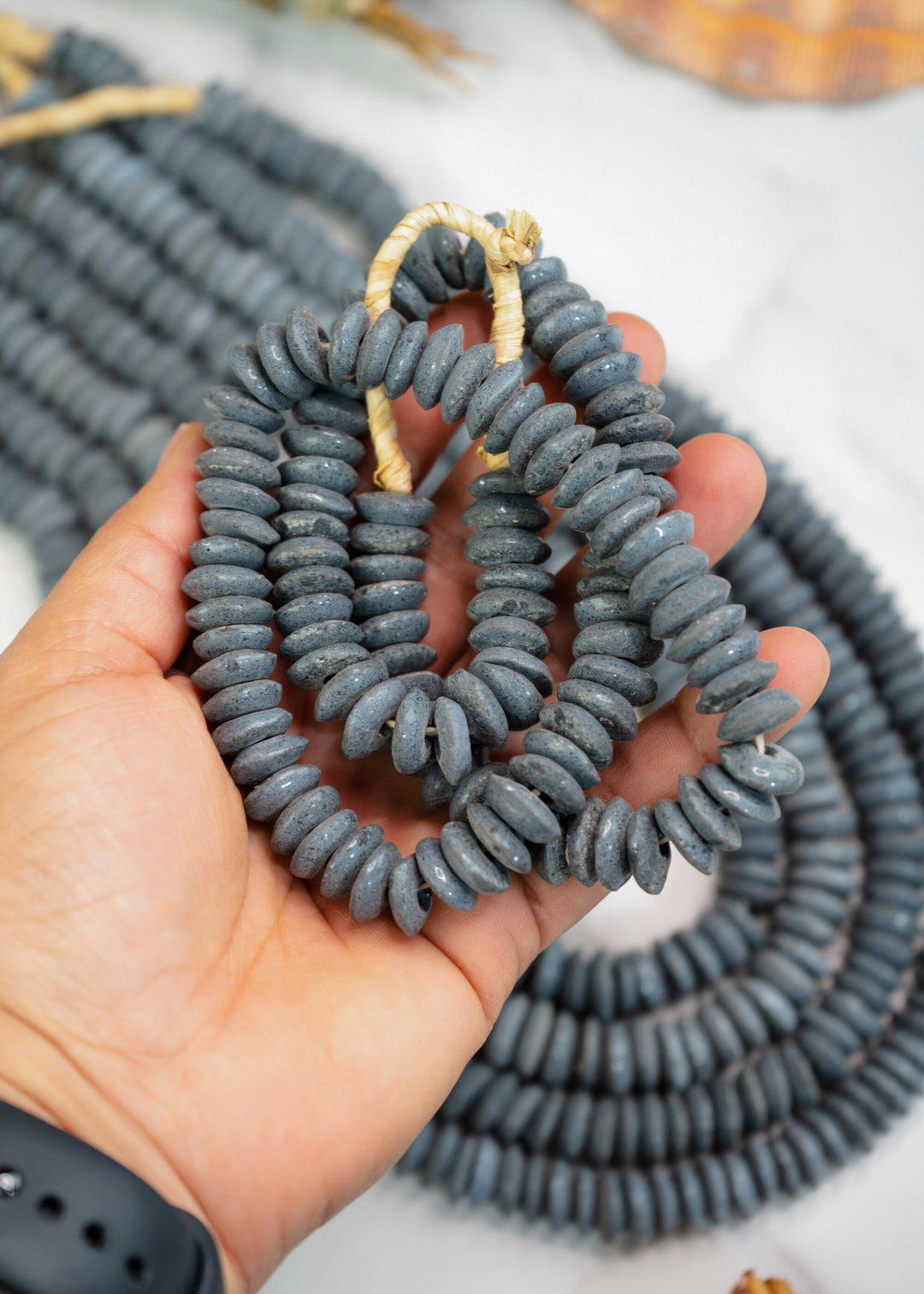 Blue Gray: Ashanti Glass Beads, 14x5mm, Ashanti Krobo Glass Beads, Spacer Beads, FULL strand or Pack of 10 beads, African Beads