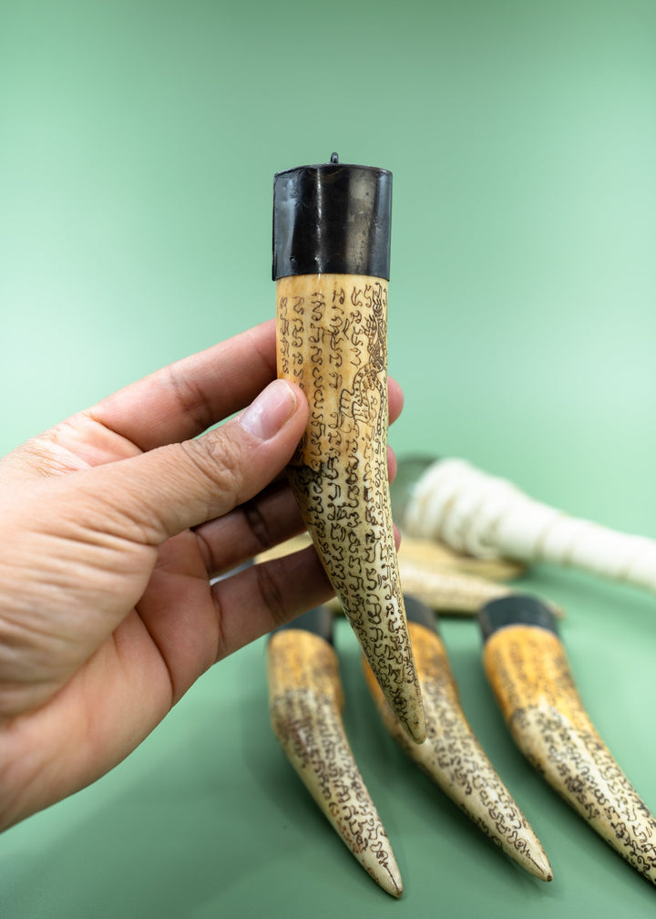 Say your Prayer: Extra Large Ethically Sourced Recycled Bone Tusk Bone Pendant, Scrimshaw Prayer Inscriptions and Handmade Aged Brass Cap