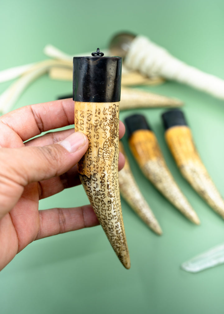 Say your Prayer: Extra Large Ethically Sourced Recycled Bone Tusk Bone Pendant, Scrimshaw Prayer Inscriptions and Handmade Aged Brass Cap