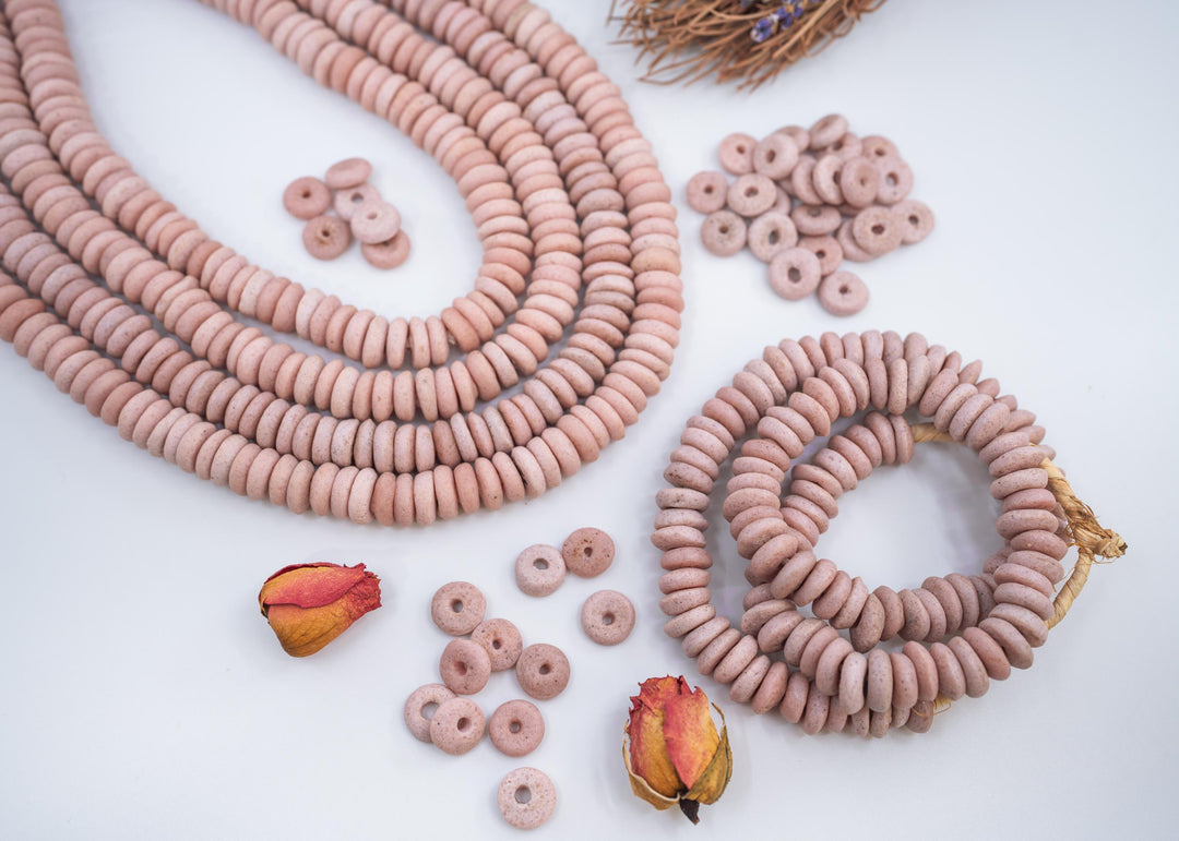 Matte Pink: Ashanti Glass Beads, 14x5mm, Ashanti Krobo Glass Beads, Spacer Beads, FULL strand or Pack of 10 beads, Rondelle African Beads