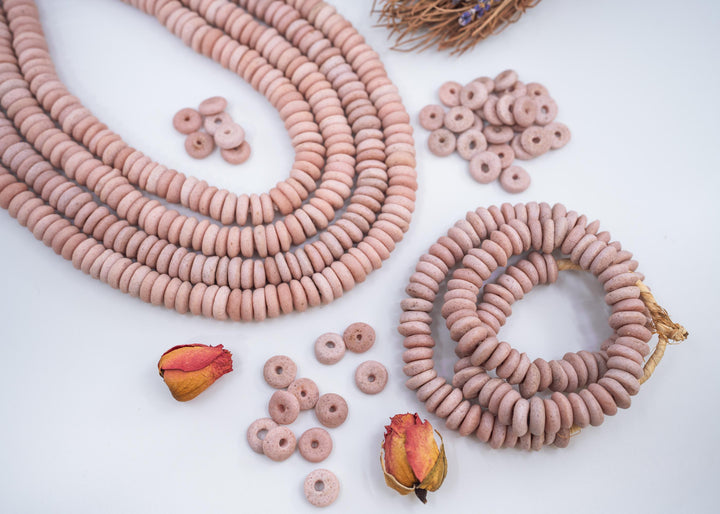 Matte Pink: Ashanti Glass Beads, 14x5mm, Ashanti Krobo Glass Beads, Spacer Beads, FULL strand or Pack of 10 beads, Rondelle African Beads