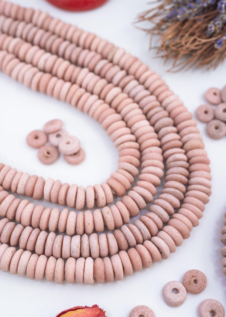 Matte Pink: Ashanti Glass Beads, 14x5mm, Ashanti Krobo Glass Beads, Spacer Beads, FULL strand or Pack of 10 beads, Rondelle African Beads