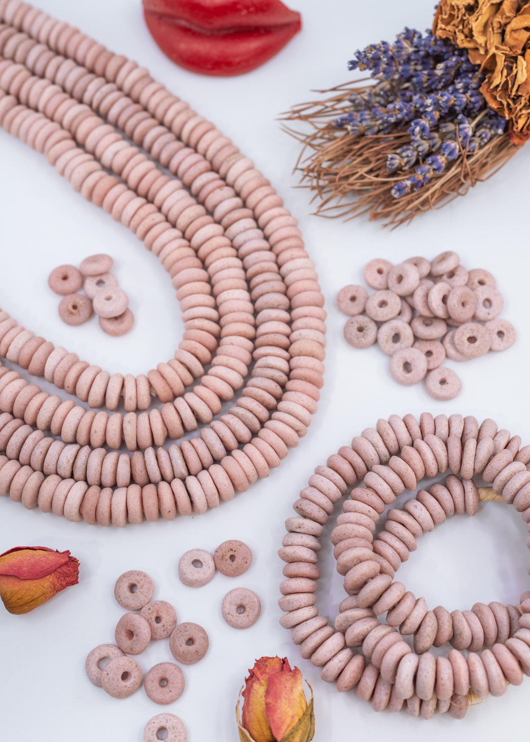 Matte Pink: Ashanti Glass Beads, 14x5mm, Ashanti Krobo Glass Beads, Spacer Beads, FULL strand or Pack of 10 beads, Rondelle African Beads