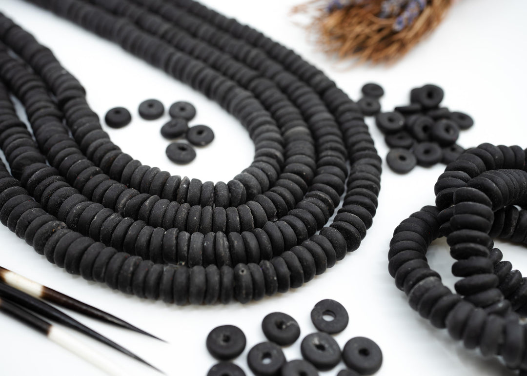 Matte Black: Ashanti Glass Beads, 14x5mm, Ashanti Krobo Glass Beads, Spacer Beads, FULL strand or Pack of 10 beads, Rondelle African Beads