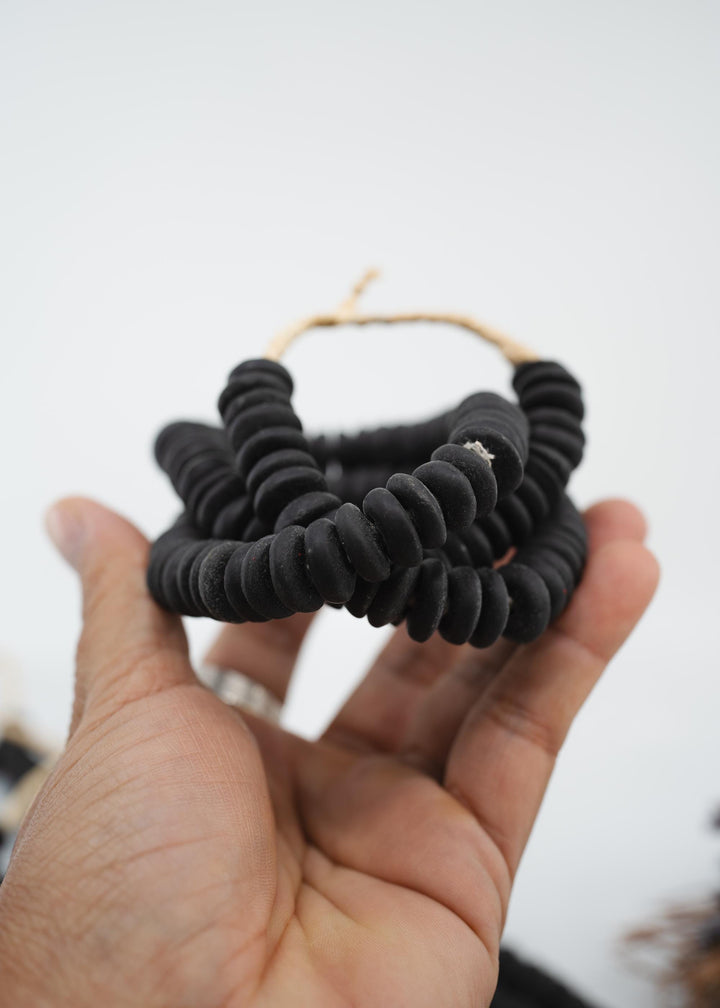 Matte Black: Ashanti Glass Beads, 14x5mm, Ashanti Krobo Glass Beads, Spacer Beads, FULL strand or Pack of 10 beads, Rondelle African Beads