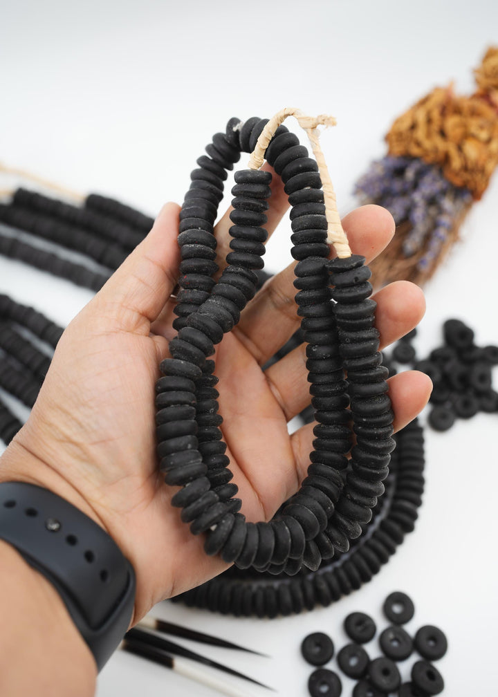 Matte Black: Ashanti Glass Beads, 14x5mm, Ashanti Krobo Glass Beads, Spacer Beads, FULL strand or Pack of 10 beads, Rondelle African Beads