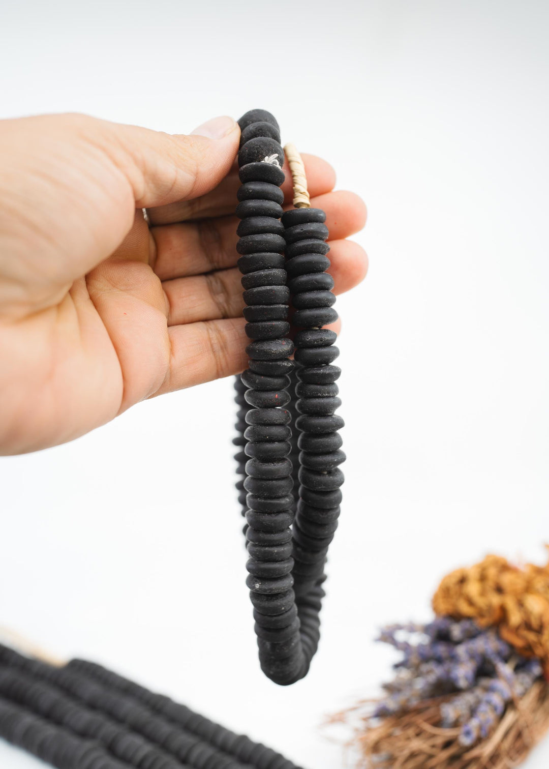 Matte Black: Ashanti Glass Beads, 14x5mm, Ashanti Krobo Glass Beads, Spacer Beads, FULL strand or Pack of 10 beads, Rondelle African Beads