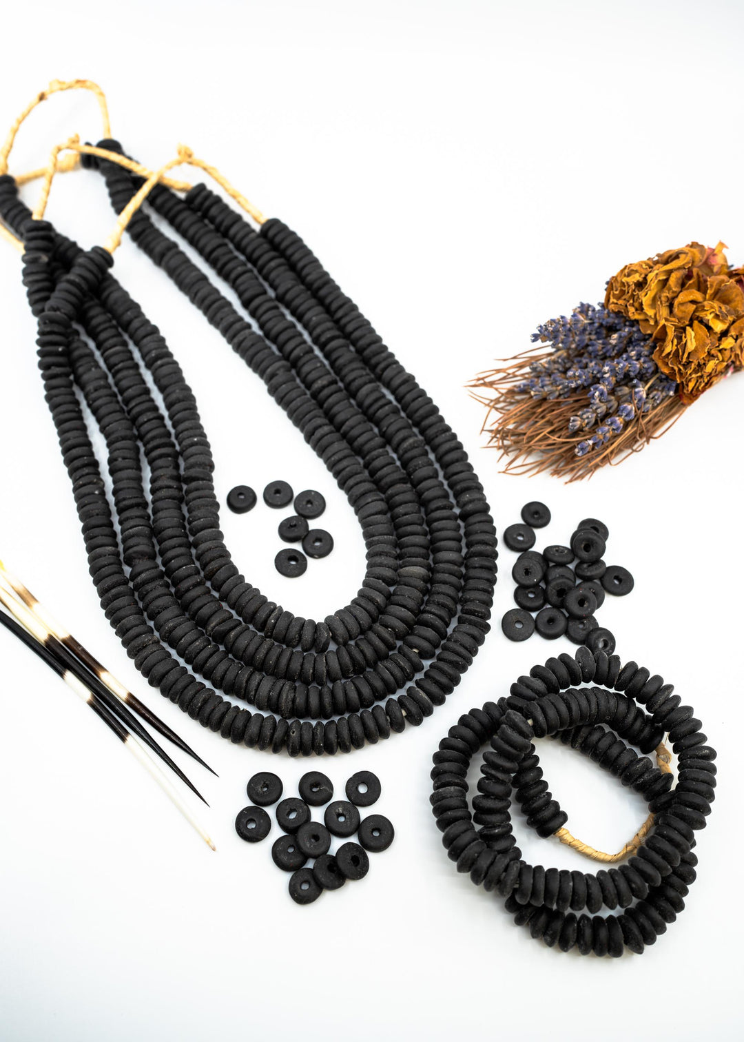 Matte Black: Ashanti Glass Beads, 14x5mm, Ashanti Krobo Glass Beads, Spacer Beads, FULL strand or Pack of 10 beads, Rondelle African Beads