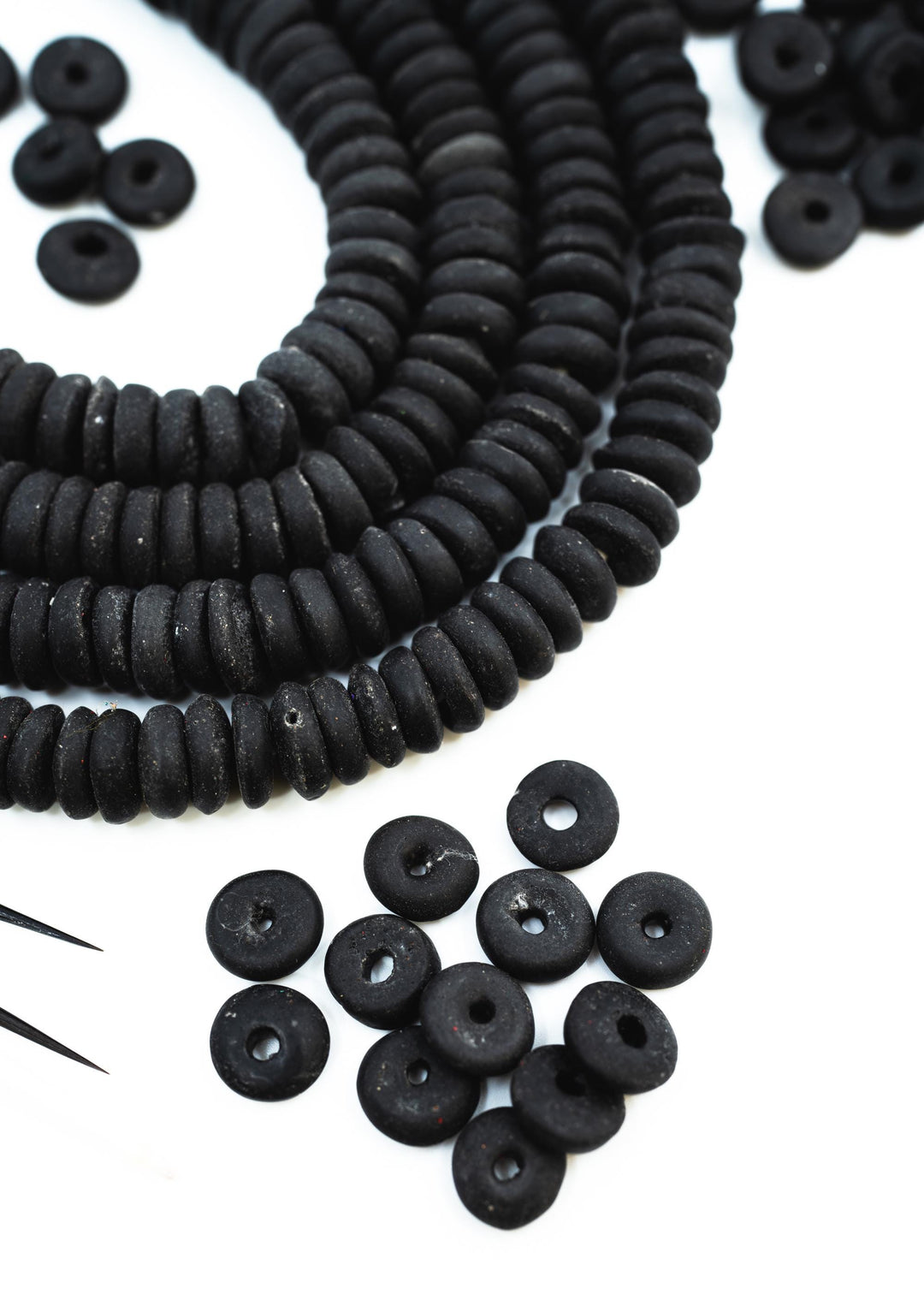 Matte Black: Ashanti Glass Beads, 14x5mm, Ashanti Krobo Glass Beads, Spacer Beads, FULL strand or Pack of 10 beads, Rondelle African Beads
