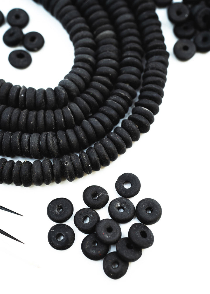Matte Black: Ashanti Glass Beads, 14x5mm, Ashanti Krobo Glass Beads, Spacer Beads, FULL strand or Pack of 10 beads, Rondelle African Beads