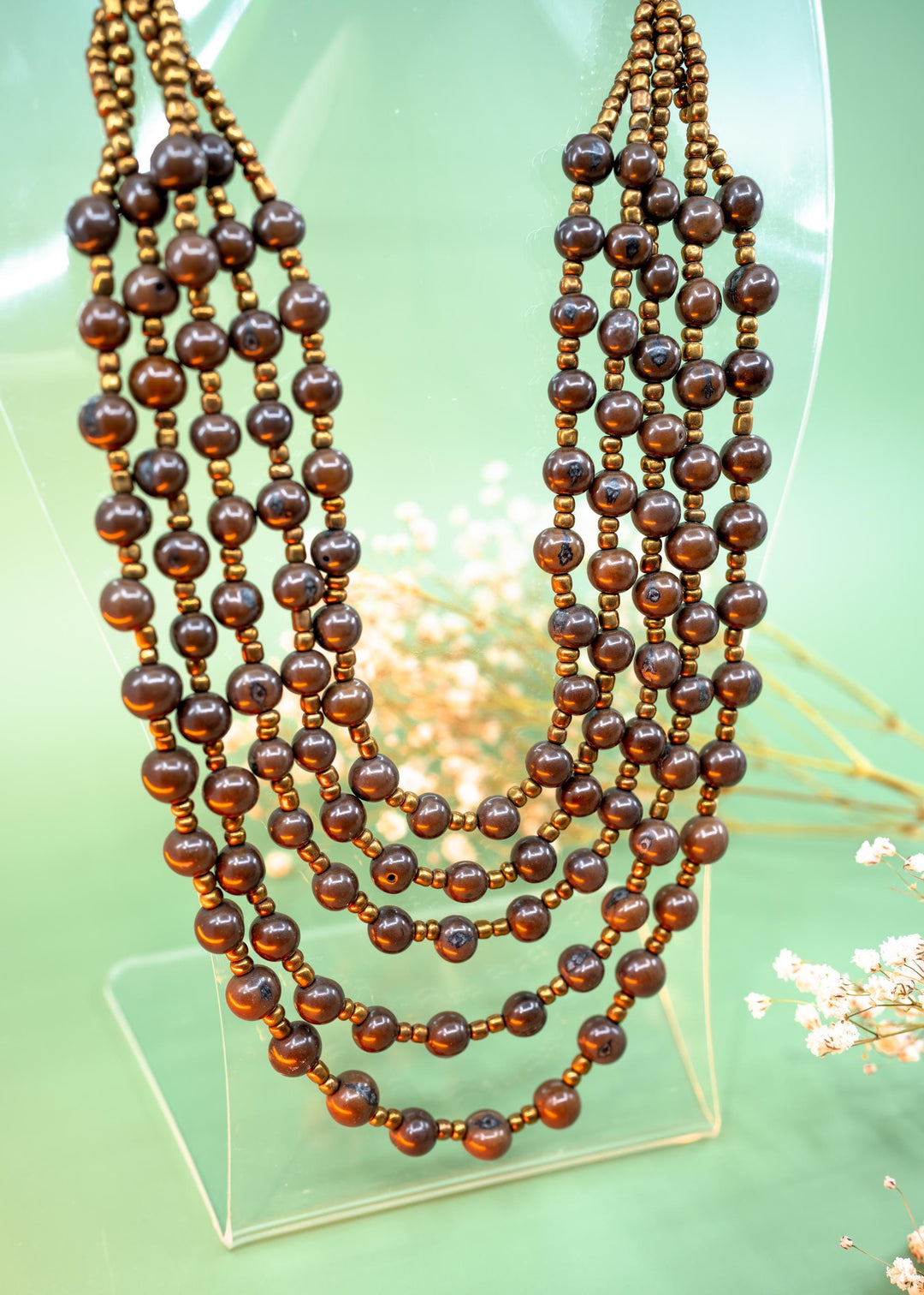 Bella in Fudge Brown: Handmade Multi-strand Acai Beads Necklace with Bronze Gunmetal Spacers, Bombona Seeds, Waxed Thread, Gifts