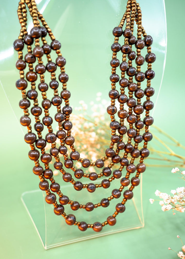 Bella in Fudge Brown: Handmade Multi-strand Acai Beads Necklace with Bronze Gunmetal Spacers, Bombona Seeds, Waxed Thread, Gifts