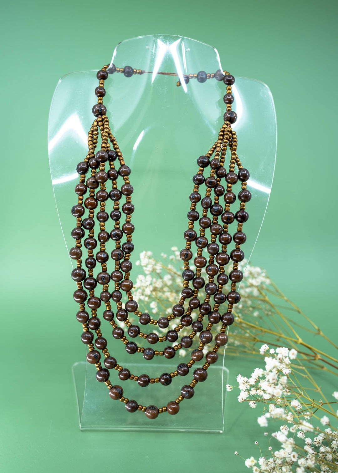 Bella in Fudge Brown: Handmade Multi-strand Acai Beads Necklace with Bronze Gunmetal Spacers, Bombona Seeds, Waxed Thread, Gifts