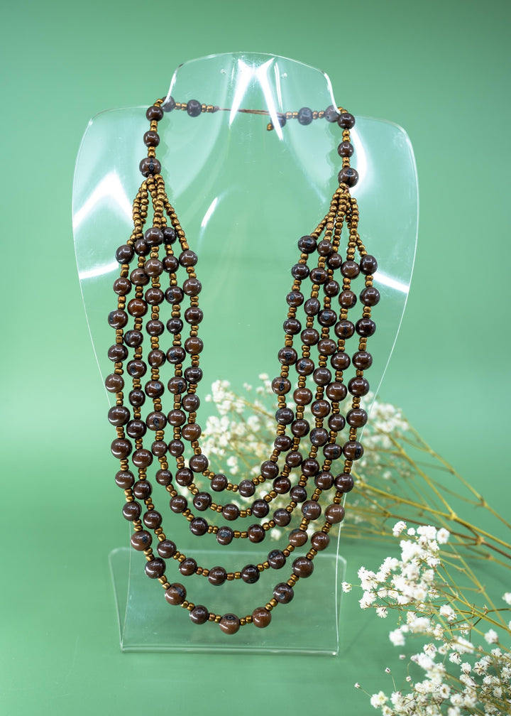 Bella in Fudge Brown: Handmade Multi-strand Acai Beads Necklace with Bronze Gunmetal Spacers, Bombona Seeds, Waxed Thread, Gifts