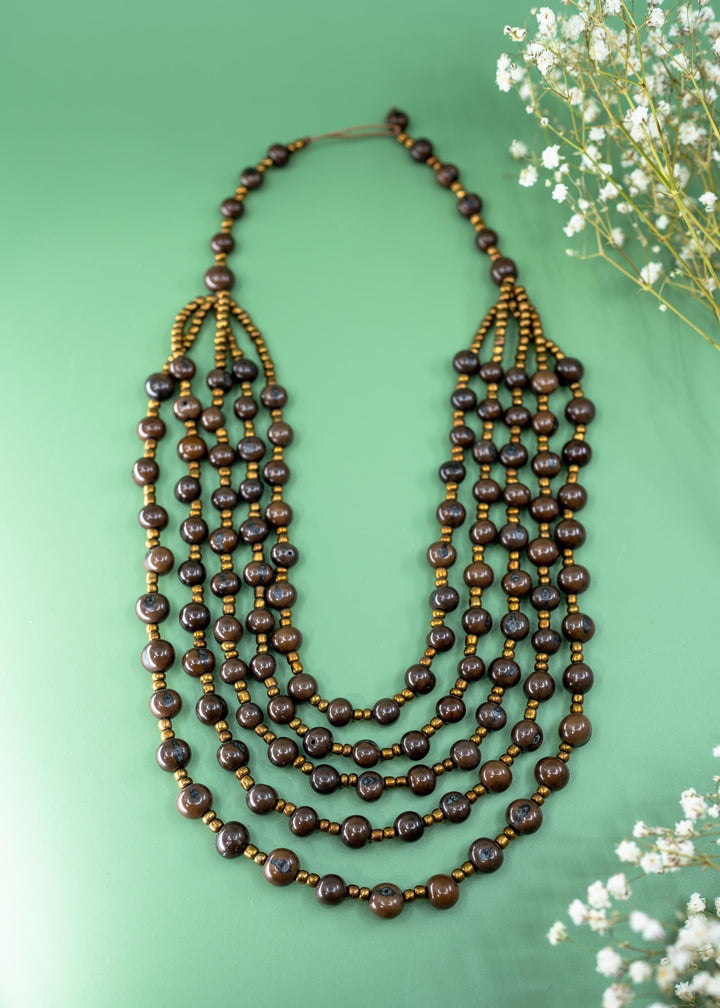 Bella in Fudge Brown: Handmade Multi-strand Acai Beads Necklace with Bronze Gunmetal Spacers, Bombona Seeds, Waxed Thread, Gifts
