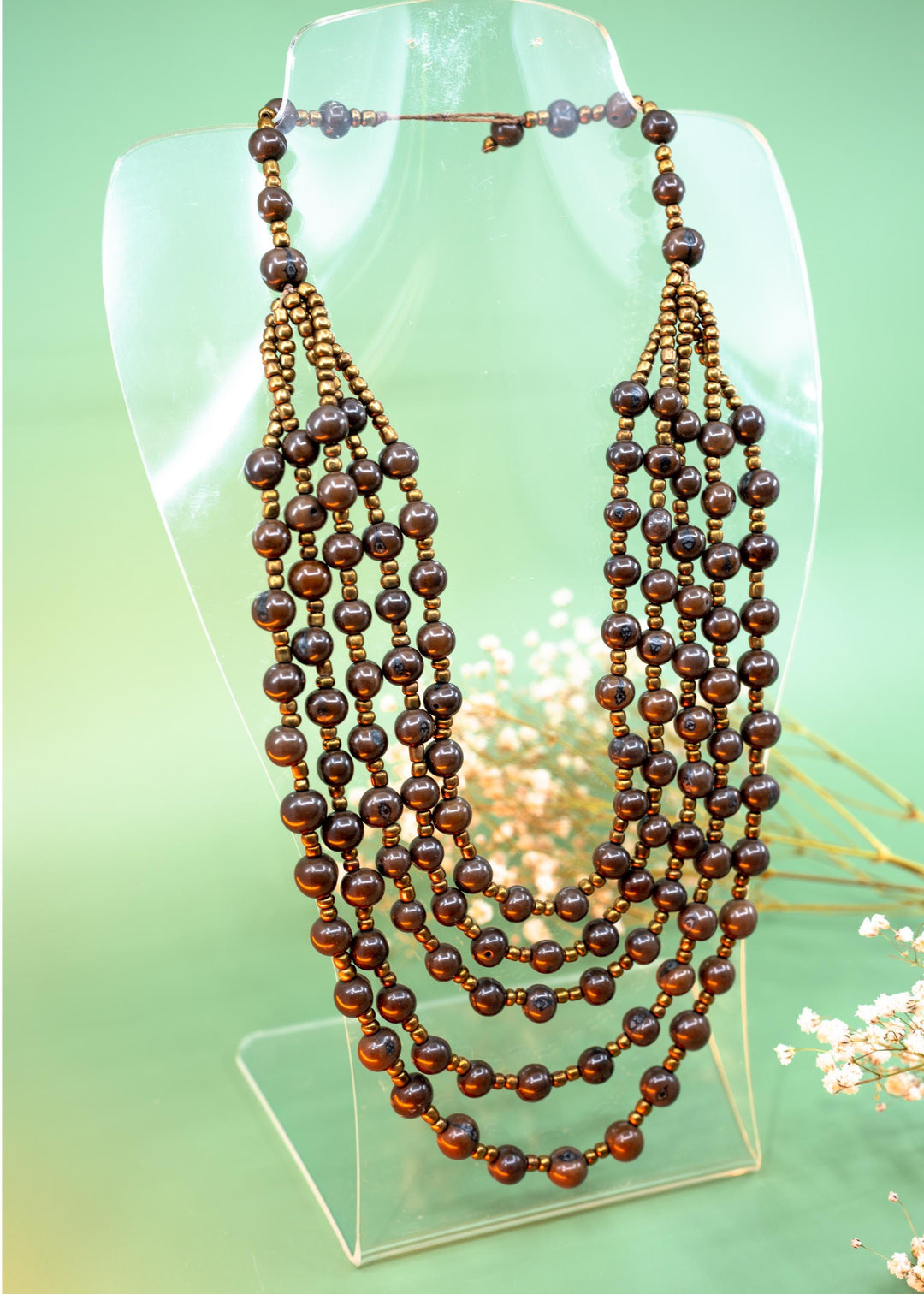 Bella in Fudge Brown: Handmade Multi-strand Acai Beads Necklace with Bronze Gunmetal Spacers, Bombona Seeds, Waxed Thread, Gifts
