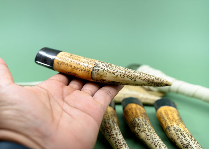 Say your Prayer: Extra Large Ethically Sourced Recycled Bone Tusk Bone Pendant, Scrimshaw Prayer Inscriptions and Handmade Aged Brass Cap