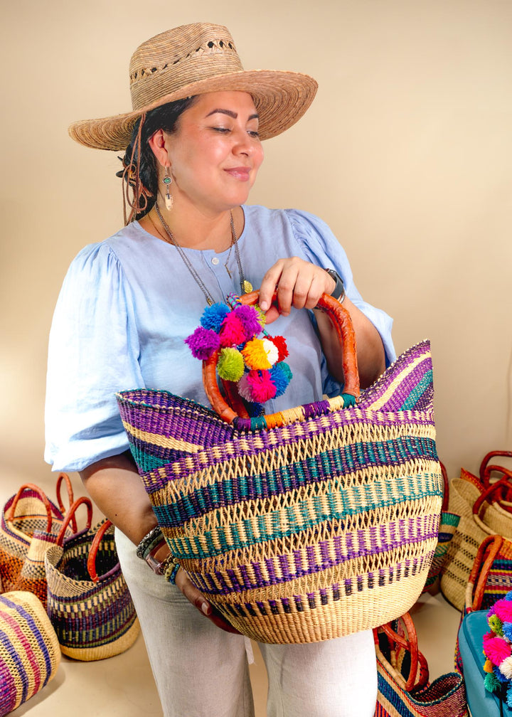 Berry Purple: Multicolor Large Deluxe Bolga Basket from Africa, Handmade Straw Ghana Basket, Bolga Basket, Fair Trade Harvest Basket, Gifts
