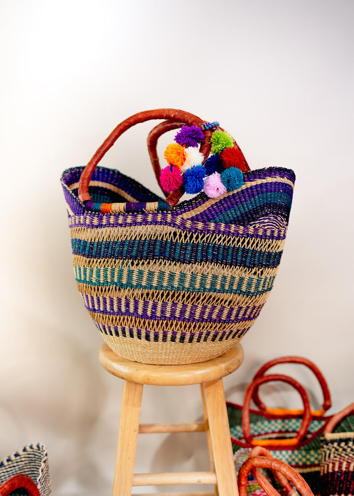 Berry Purple: Multicolor Large Deluxe Bolga Basket from Africa, Handmade Straw Ghana Basket, Bolga Basket, Fair Trade Harvest Basket, Gifts