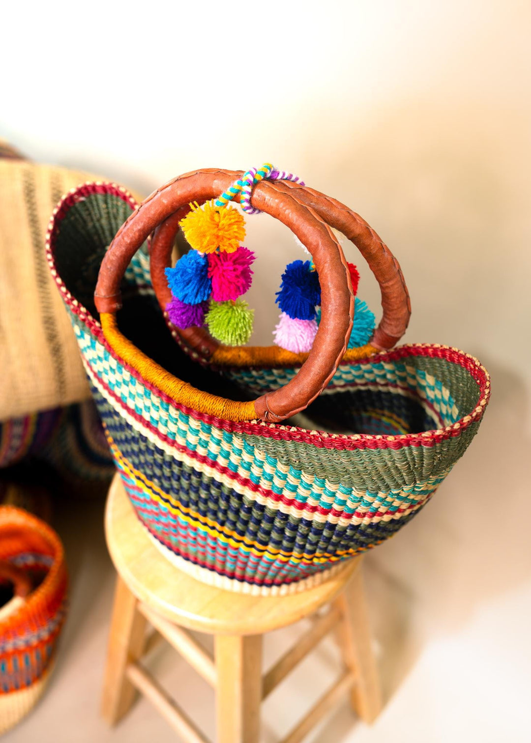 Lana: Multicolor Large Deluxe Bolga Basket from Africa, Handmade Straw Ghana Basket, Bolga Basket, Fair Trade Harvest Basket, Gifts