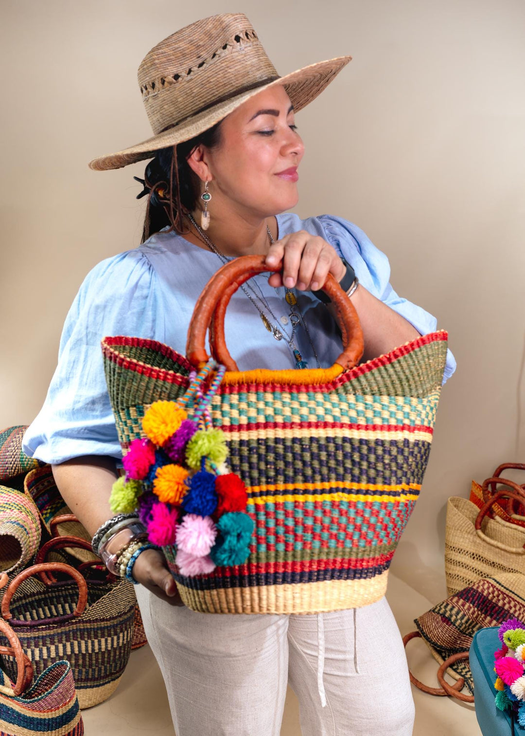 Lana: Multicolor Large Deluxe Bolga Basket from Africa, Handmade Straw Ghana Basket, Bolga Basket, Fair Trade Harvest Basket, Gifts