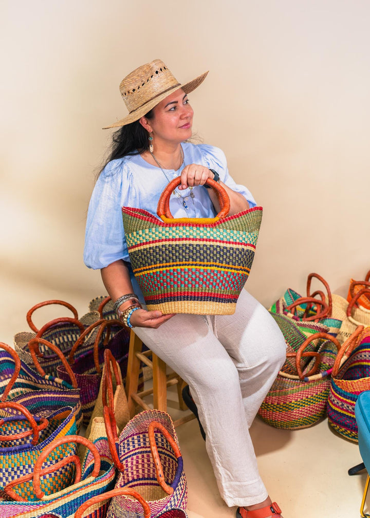 Lana: Multicolor Large Deluxe Bolga Basket from Africa, Handmade Straw Ghana Basket, Bolga Basket, Fair Trade Harvest Basket, Gifts