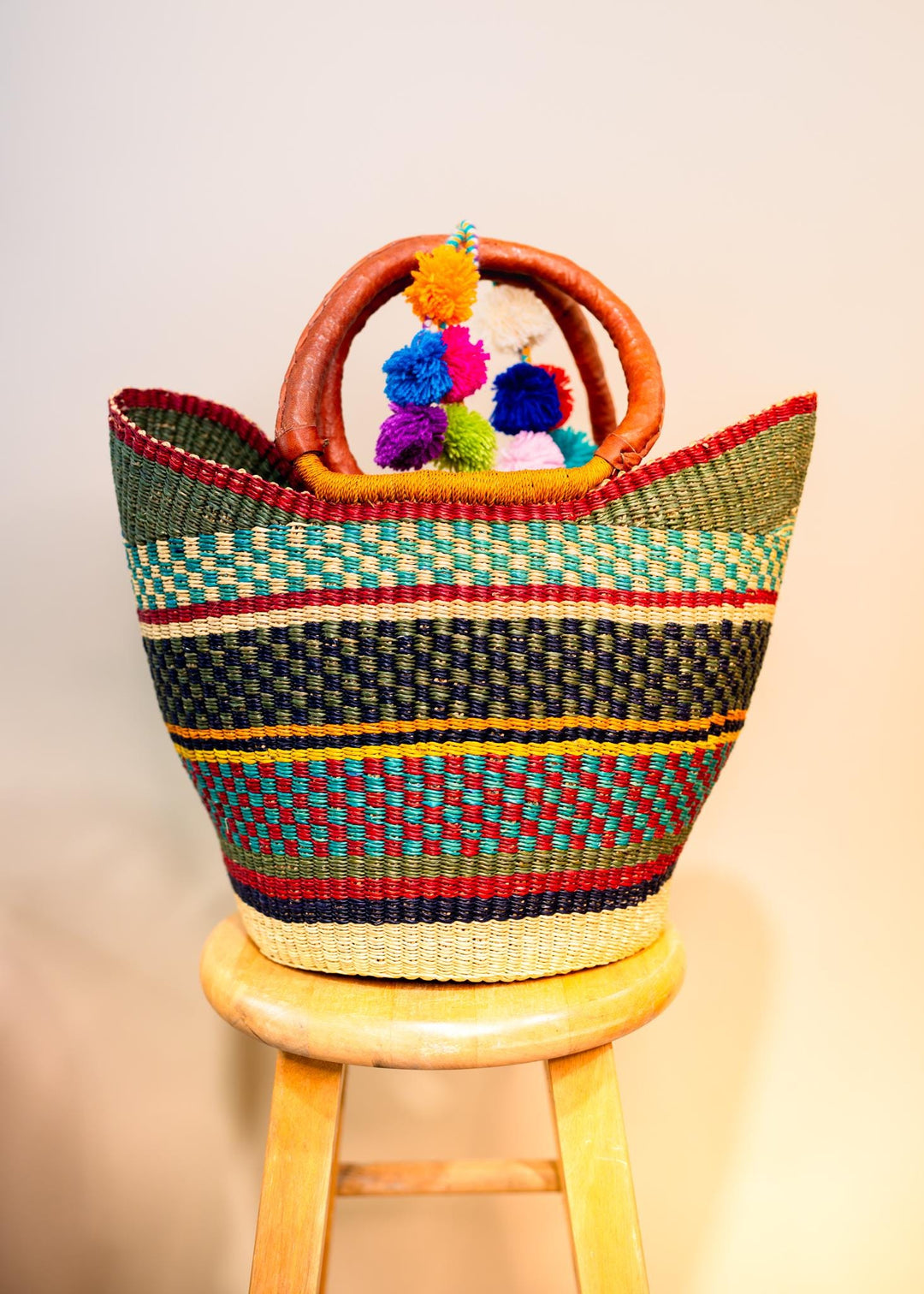 Lana: Multicolor Large Deluxe Bolga Basket from Africa, Handmade Straw Ghana Basket, Bolga Basket, Fair Trade Harvest Basket, Gifts