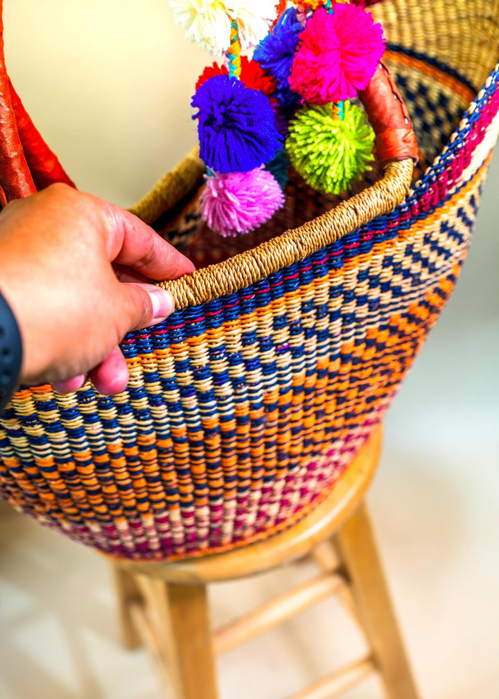 Annie: Multicolor Large Deluxe Bolga Basket from Africa, Handmade Straw Ghana Basket, Bolga Basket, Fair Trade Harvest Basket, Gifts