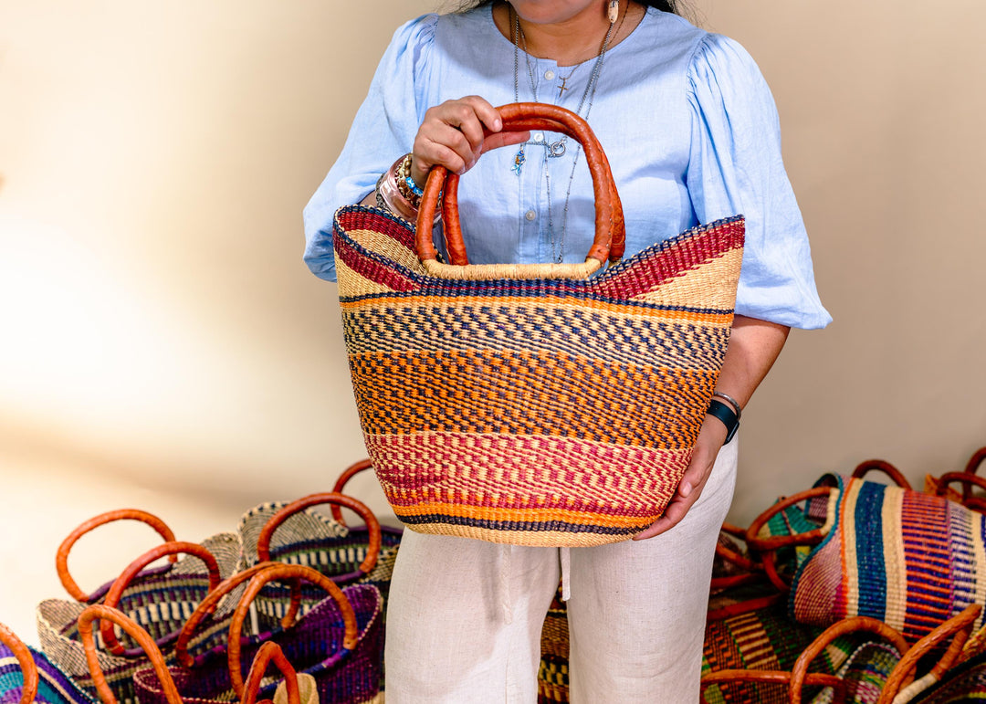 Annie: Multicolor Large Deluxe Bolga Basket from Africa, Handmade Straw Ghana Basket, Bolga Basket, Fair Trade Harvest Basket, Gifts