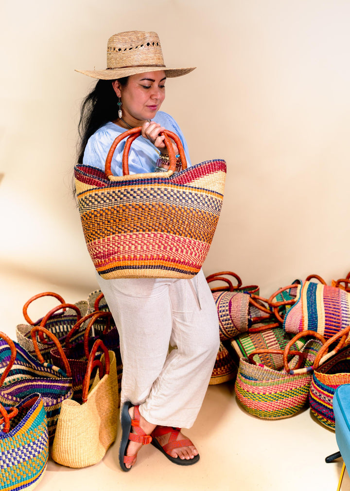 Annie: Multicolor Large Deluxe Bolga Basket from Africa, Handmade Straw Ghana Basket, Bolga Basket, Fair Trade Harvest Basket, Gifts