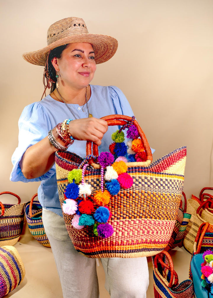 Annie: Multicolor Large Deluxe Bolga Basket from Africa, Handmade Straw Ghana Basket, Bolga Basket, Fair Trade Harvest Basket, Gifts