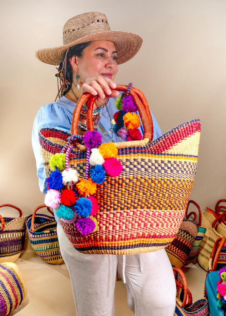 Annie: Multicolor Large Deluxe Bolga Basket from Africa, Handmade Straw Ghana Basket, Bolga Basket, Fair Trade Harvest Basket, Gifts
