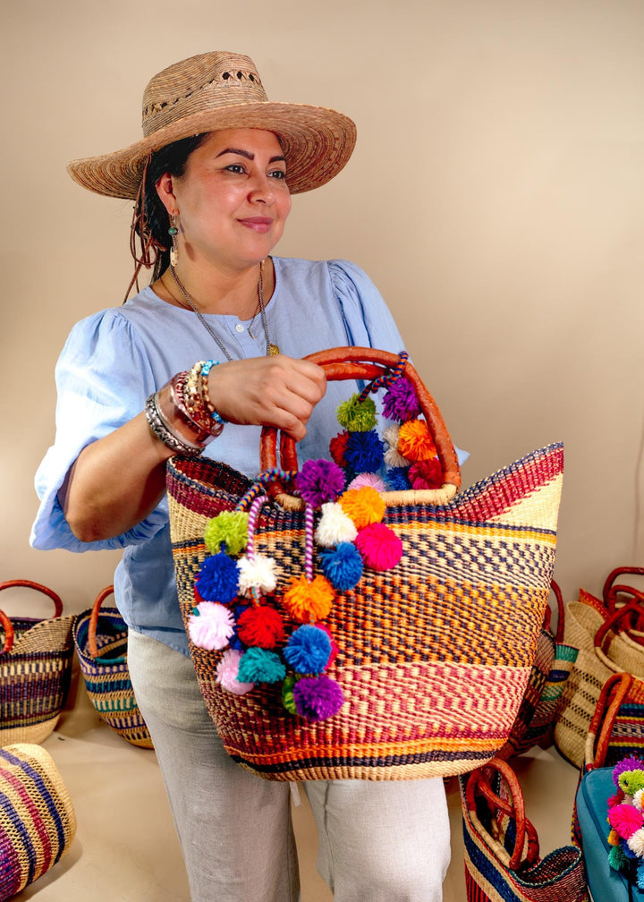 Annie: Multicolor Large Deluxe Bolga Basket from Africa, Handmade Straw Ghana Basket, Bolga Basket, Fair Trade Harvest Basket, Gifts