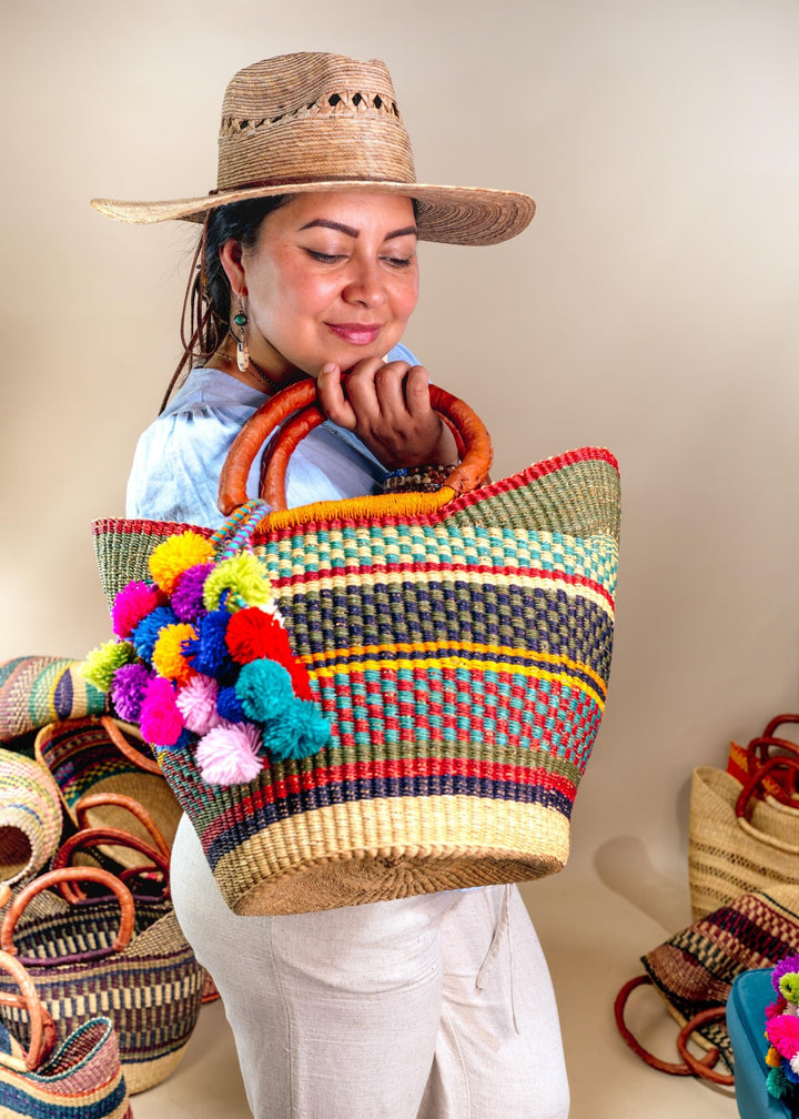 Lana: Multicolor Large Deluxe Bolga Basket from Africa, Handmade Straw Ghana Basket, Bolga Basket, Fair Trade Harvest Basket, Gifts
