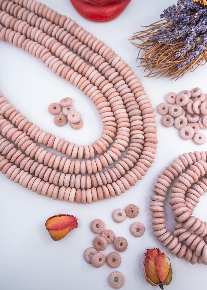 Matte Pink: Ashanti Glass Beads, 14x5mm, Ashanti Krobo Glass Beads, Spacer Beads, FULL strand or Pack of 10 beads, Rondelle African Beads