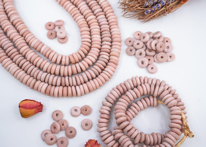 Matte Pink: Ashanti Glass Beads, 14x5mm, Ashanti Krobo Glass Beads, Spacer Beads, FULL strand or Pack of 10 beads, Rondelle African Beads
