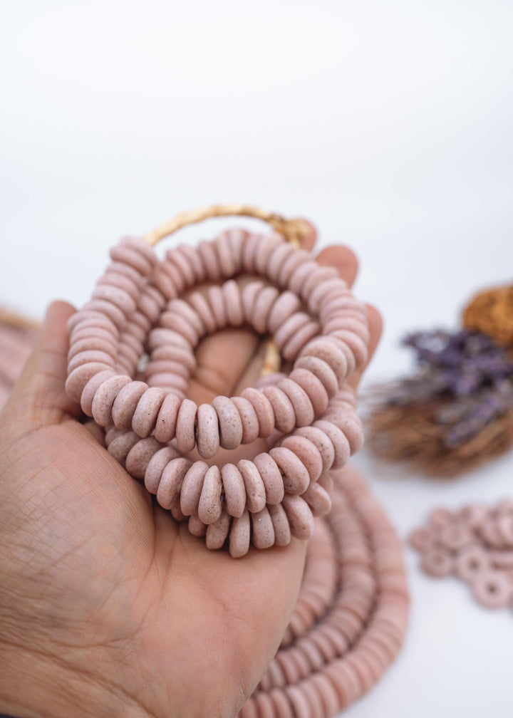 Matte Pink: Ashanti Glass Beads, 14x5mm, Ashanti Krobo Glass Beads, Spacer Beads, FULL strand or Pack of 10 beads, Rondelle African Beads