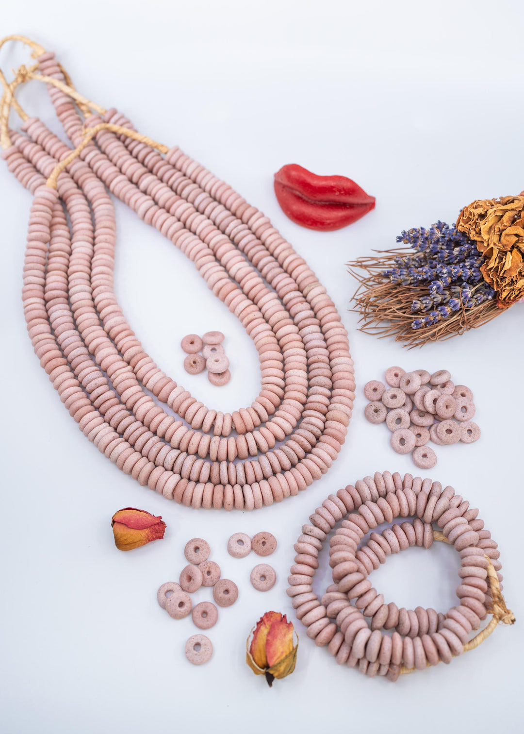 Matte Pink: Ashanti Glass Beads, 14x5mm, Ashanti Krobo Glass Beads, Spacer Beads, FULL strand or Pack of 10 beads, Rondelle African Beads