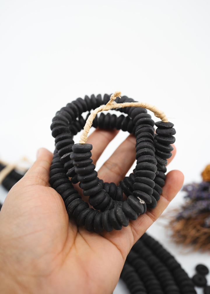 Matte Black: Ashanti Glass Beads, 14x5mm, Ashanti Krobo Glass Beads, Spacer Beads, FULL strand or Pack of 10 beads, Rondelle African Beads