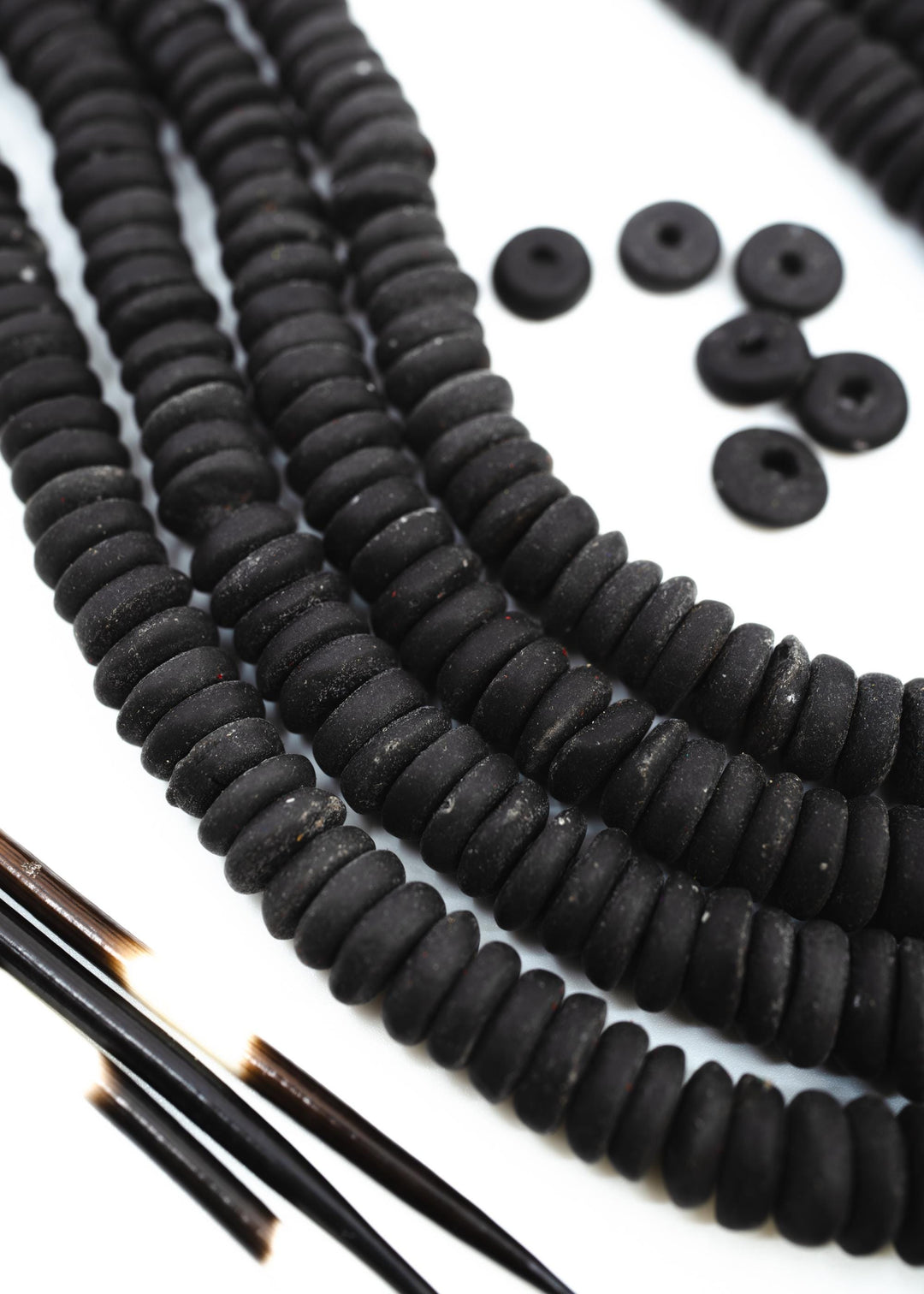 Matte Black: Ashanti Glass Beads, 14x5mm, Ashanti Krobo Glass Beads, Spacer Beads, FULL strand or Pack of 10 beads, Rondelle African Beads