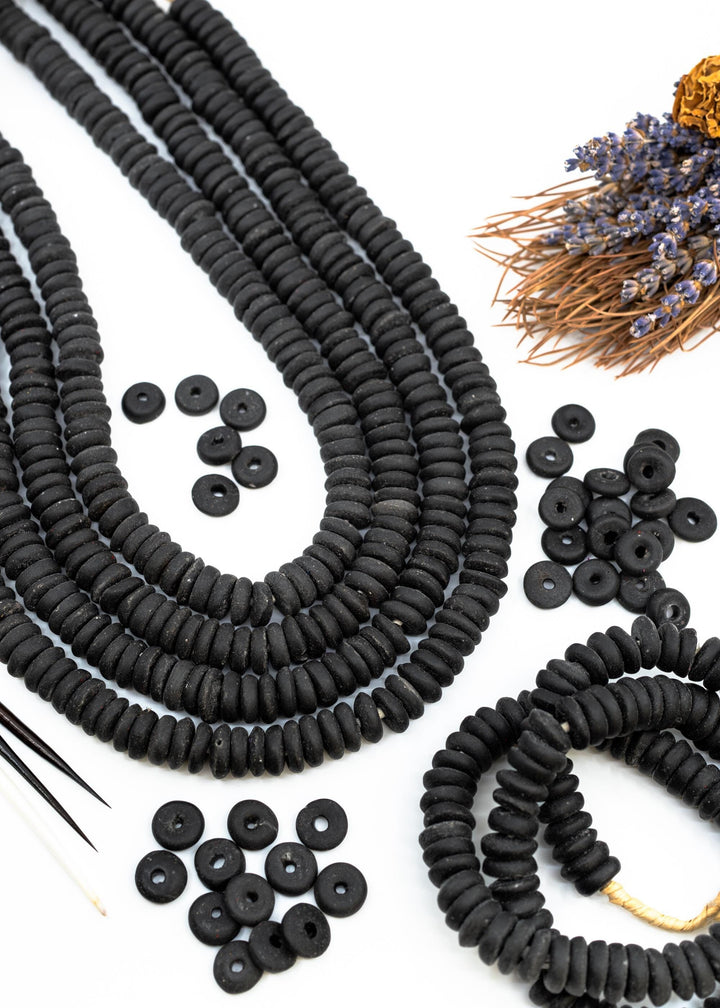 Matte Black: Ashanti Glass Beads, 14x5mm, Ashanti Krobo Glass Beads, Spacer Beads, FULL strand or Pack of 10 beads, Rondelle African Beads
