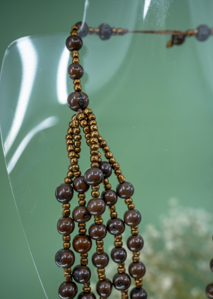 Bella in Fudge Brown: Handmade Multi-strand Acai Beads Necklace with Bronze Gunmetal Spacers, Bombona Seeds, Waxed Thread, Gifts
