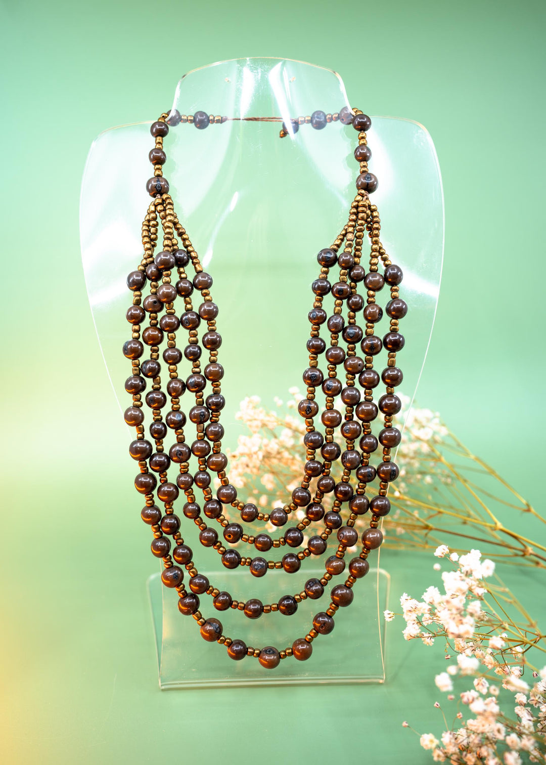 Bella in Fudge Brown: Handmade Multi-strand Acai Beads Necklace with Bronze Gunmetal Spacers, Bombona Seeds, Waxed Thread, Gifts