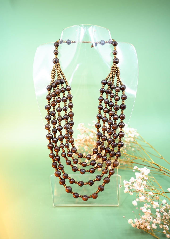 Bella in Fudge Brown: Handmade Multi-strand Acai Beads Necklace with Bronze Gunmetal Spacers, Bombona Seeds, Waxed Thread, Gifts