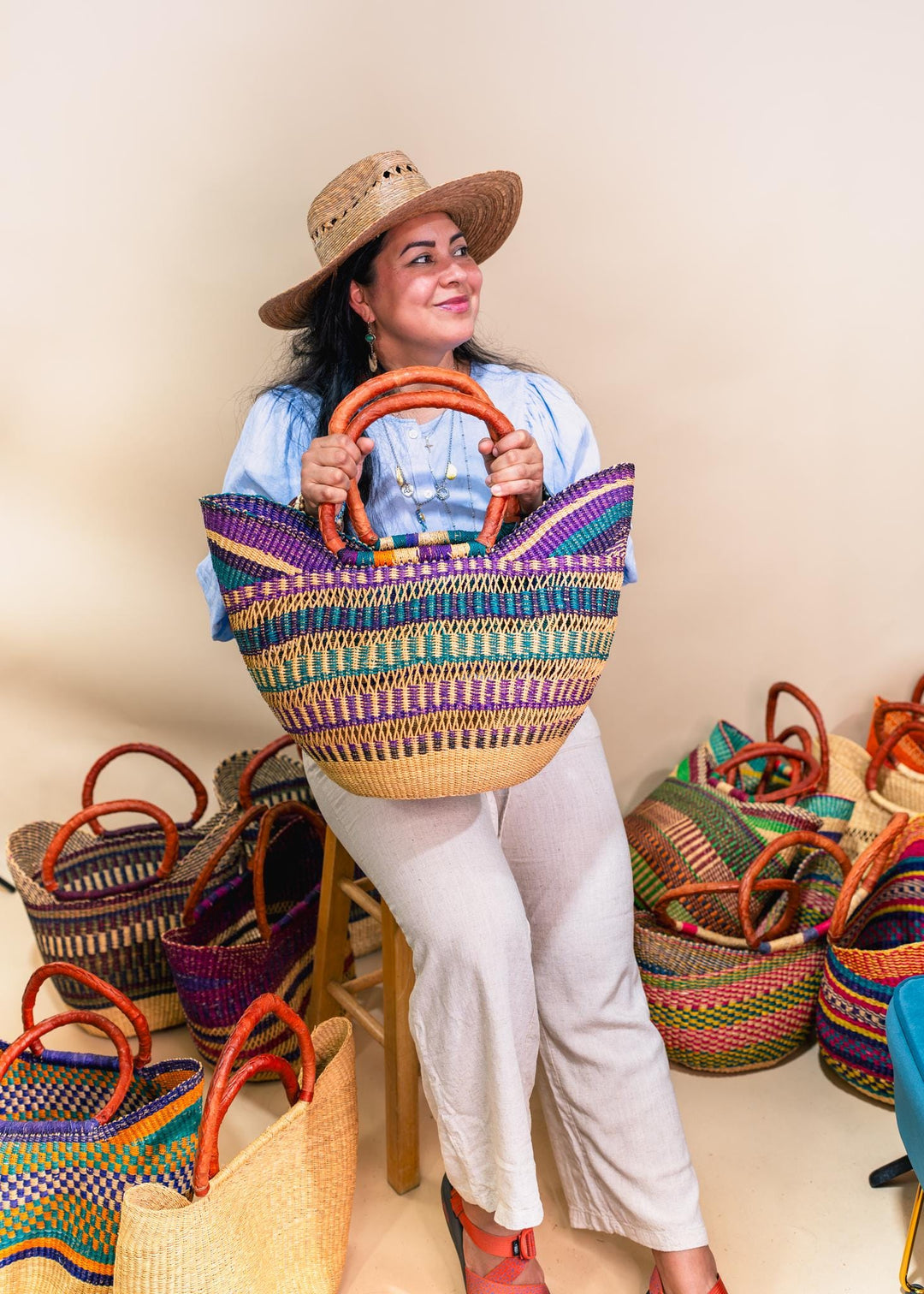 Berry Purple: Multicolor Large Deluxe Bolga Basket from Africa, Handmade Straw Ghana Basket, Bolga Basket, Fair Trade Harvest Basket, Gifts