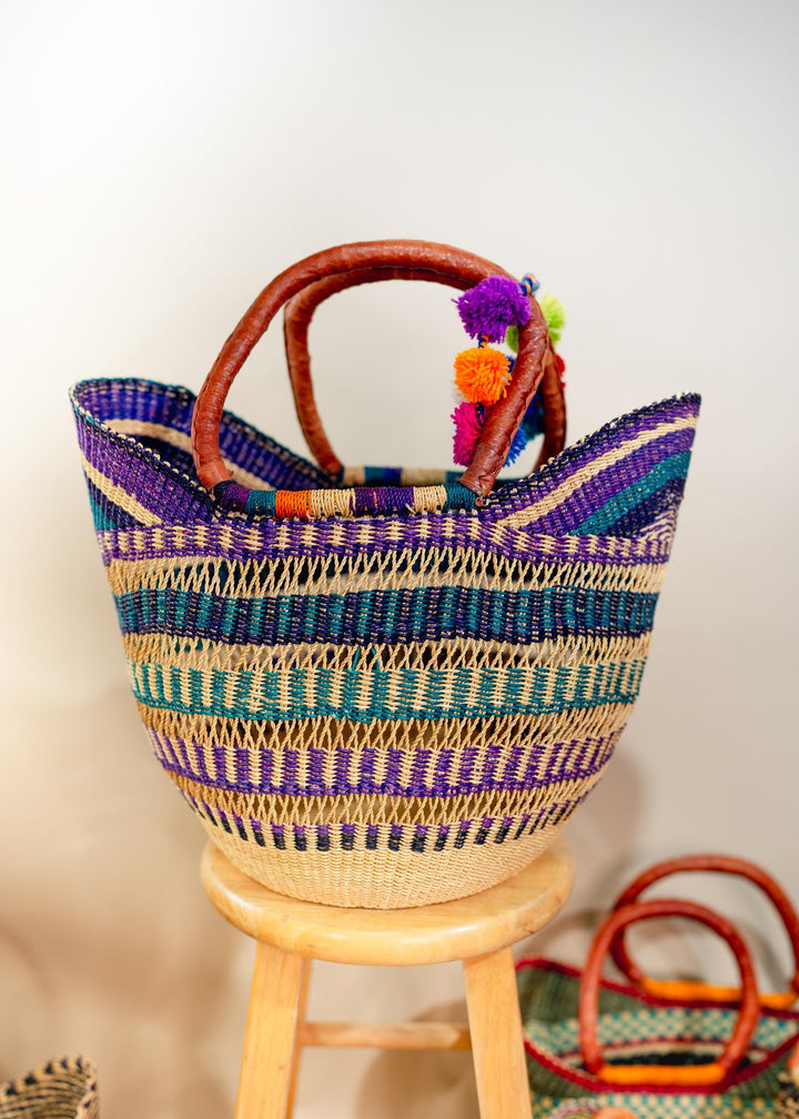 Berry Purple: Multicolor Large Deluxe Bolga Basket from Africa, Handmade Straw Ghana Basket, Bolga Basket, Fair Trade Harvest Basket, Gifts