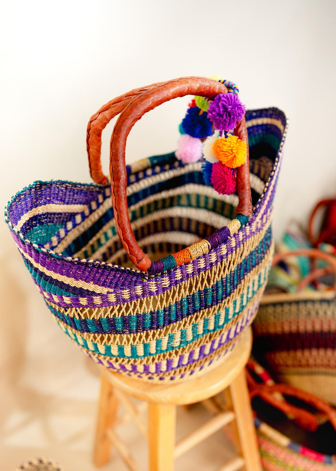 Berry Purple: Multicolor Large Deluxe Bolga Basket from Africa, Handmade Straw Ghana Basket, Bolga Basket, Fair Trade Harvest Basket, Gifts