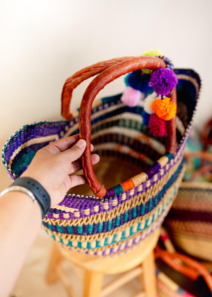 Berry Purple: Multicolor Large Deluxe Bolga Basket from Africa, Handmade Straw Ghana Basket, Bolga Basket, Fair Trade Harvest Basket, Gifts