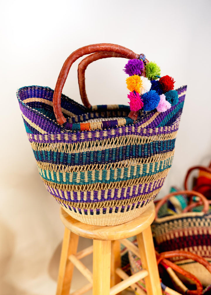 Berry Purple: Multicolor Large Deluxe Bolga Basket from Africa, Handmade Straw Ghana Basket, Bolga Basket, Fair Trade Harvest Basket, Gifts