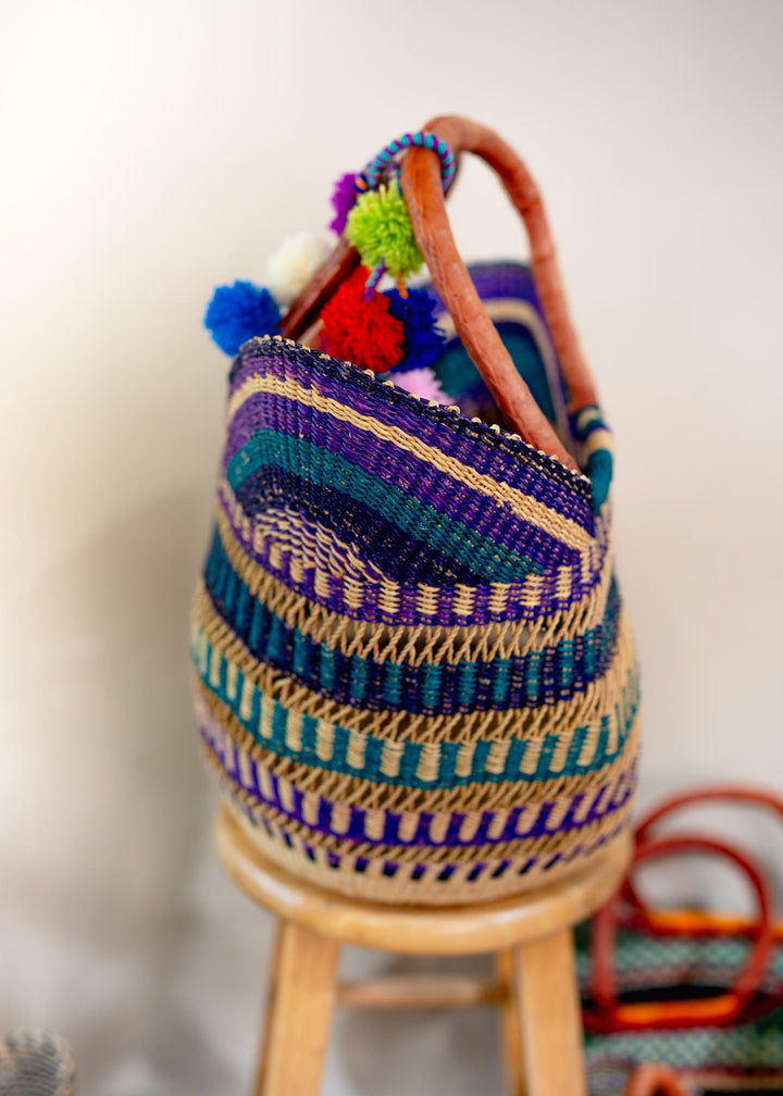 Berry Purple: Multicolor Large Deluxe Bolga Basket from Africa, Handmade Straw Ghana Basket, Bolga Basket, Fair Trade Harvest Basket, Gifts